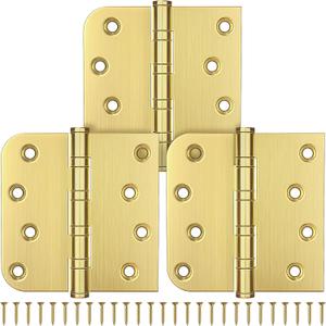 KOLET Ball Bearing Door Hinge, 4 x 4 Inches Gold Door Hinges, Square and 5/8'' Radius Corner, Heavy Duty Stainless Steel Hinges, Smooth and Quiet, Non Removable Pin, Brushed Gold, 3 Pack
