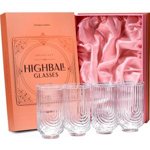 Vintage Art Deco Highball Gatsby Cocktail Glasses | Set of 4 | 14 oz Double HiBall Glassware for Drinking Mojito, Gin Rickey, Whiskey Highball, Classic Long Bar Drinks | Large Tall Tumblers