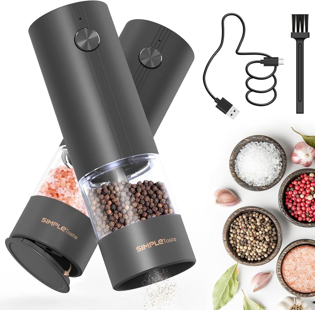 SIMPLETASTE Electric Salt and Pepper Grinder Set Rechargeable with LED Light and Dust Cover, Automatic Pepper Mill Shakers with Adjustable Coarseness, One Hand Operation for Kitchen, Dining, Gifting (Black)