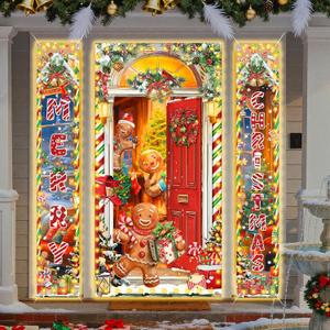 3 Pcs Christmas Gingerbread House Decorations Gingerbread Door Cover Banner Backdrop with LED Lights for Xmas Holiday Party Photography Photo Background Decor