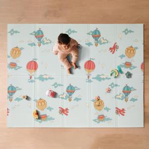 Nuby Reversible Baby Floor Mat - Foldable and Lightweight Foam Infant Play Mat - 77" x 58" - Easy Storage and Travel - Hot Air Balloons/Stripes