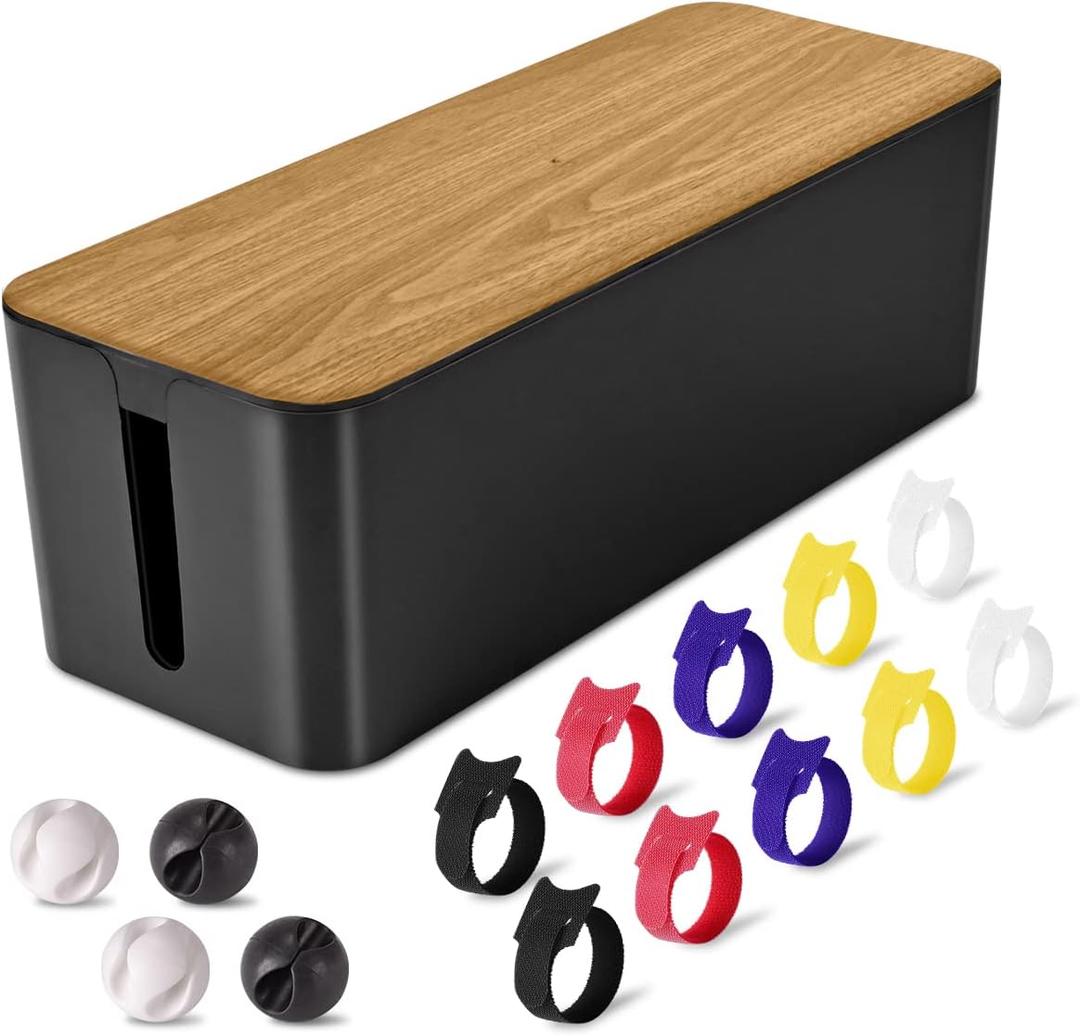 Cable Management Box Large - Wooden Grain Cable Organizer Box to Hide Wires&  Power Strips, TV & Desk Computer Wires, with Cable Clips & Reusable Cable Ties for Home & Office (Black)