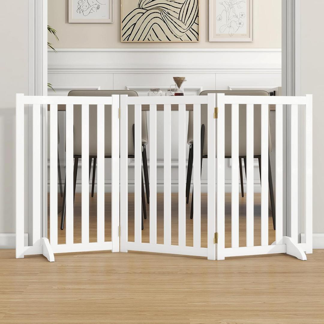 30" Height Tall Freestanding Pet Gate, Solid Wood Folding Safety Fence Wooden Dog Gate with 2 PCs Support Feet Ideal for Stairs, Doorways, Halls, Kitchens, Heavy Duty Gates, 3 Panels, White