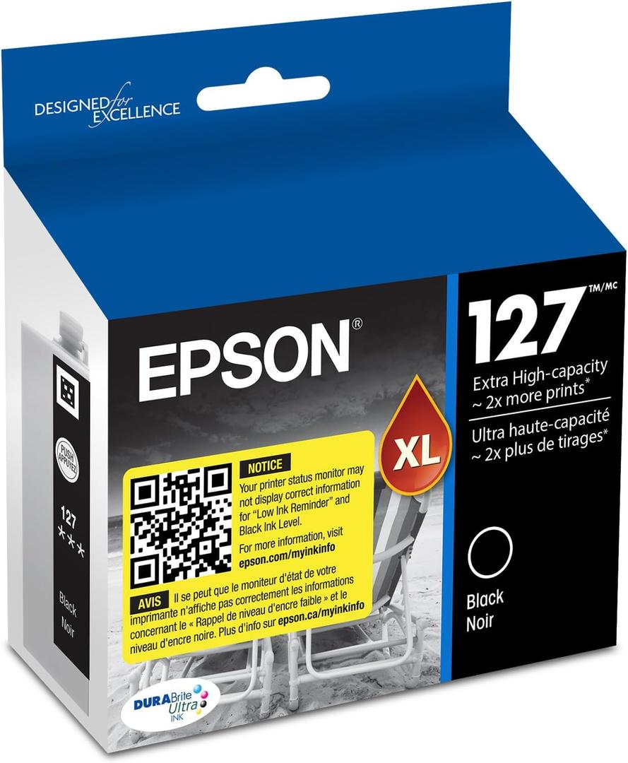 EPSON 127 DURABrite Ultra Ink Black Cartridge For NX-530, 625, WF-3520, 3530, 3540, 545, 60, 630, 633, 635, 645, 7010, 7510, 7520, 840, 845, Water Resistant