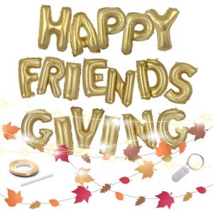 Emuya Friendsgiving Party Decorations - Happy Friendsgiving Decor Banner Set, & PDF Download Foil Balloons Garland, Fairy light, Gold Balloon Letters & 13' Paper Fall Leaf - Table & Backdrop Ideas