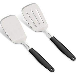 13.4 in Stainless Steel Spatula Set of 2, Heavy Duty Solid & Slotted Metal Spatula with Silicone Handle for Cast Iron Skillet, Egg, Burger and Grilling, Large