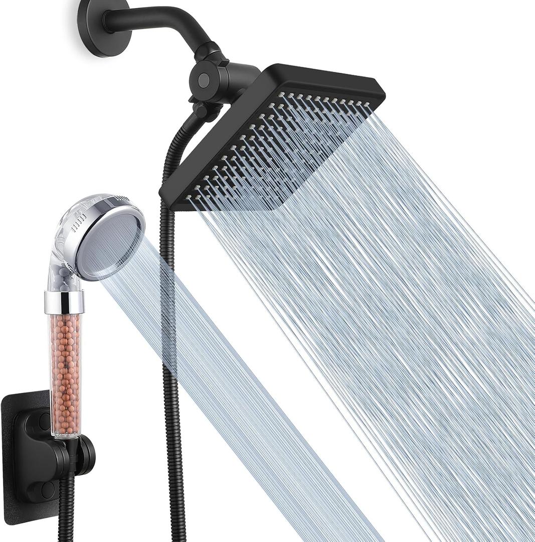 Voolan High Pressure Rain Shower Head with Handheld Spray Combo, Hand Held Filter Showerhead with Self-adhesive Holder and 59" Hose (Matte Black)