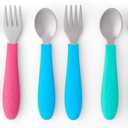 Elk and Friends Kids Silverware with Silicone Handle | Childrens Safe Flatware | Toddler Utensils | Baby Spoons + Forks | Stainless Steel Cutlery | Dishwasher Safe | 6 Pieces (Pink/Teal/Blue)