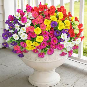 24 Bundles Artificial Flowers for Outdoors, Fake Silk Morning Glory Faux Eucalyptus UV Resistant Plastic Plants for Outside Planter Porch Garden Patio Spring Summer Home Decoration, Mixed