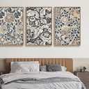 Large Flowers Wall Art for Living Room Natural Wood Float Framed Art Set of 3 William Morris Floral Canvas Pictures Vintage Artwork Botanical Canvas Poster Prints for Bedroom Wall Decor 24"X36"X3