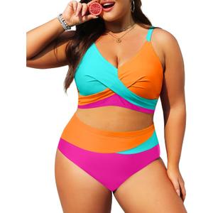 Tempt Me Plus Size Two Piece Swimsuit - Aqua Orange Pink Women High Waisted Bikini Set Tummy Control Bathing Suits 16 Plus
