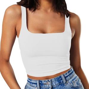 Artfish Women's Sleeveless Strappy Tank Square Neck Double Layer Workout Fitness Casual Basic Crop Tops (Medium, White)