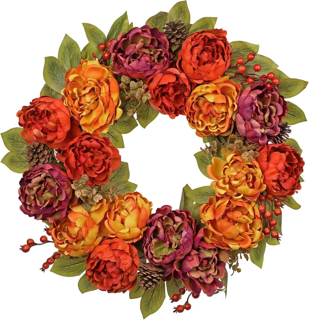 Artificial Fall Wreath for Front Door 24 Inch Peony & Mixed Floral Wreath with Maple Leaves & Berries, Rustic Autumn Wall Dcor