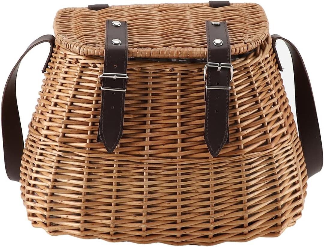 Wicker Picnic Basket, Fishing Creel Basket, Carrying Gift Basket with Lid and Shoulder Strap