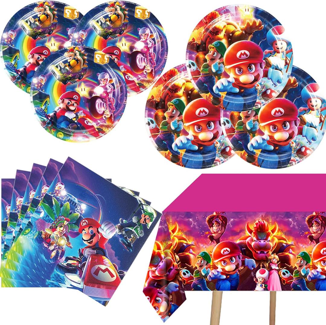 Mario Birthday Party Supplies, 10Pcs 9 Inch Plates, 10Pcs 7 Inch Plates, 20 Napkins and 1 Tablecloth, Mario Party Decorations