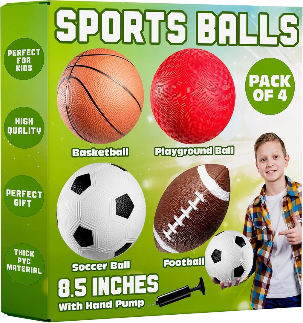 Sports Ball Set (4 Pack) - Rainbow Mini Basketball, Soccer, Football & Playground Balls w/Hand Pump - Fun Indoor Outdoor Toys for Toddlers, Little Kids, Preschoolers & Early Play (8.5 Inch - Pack of 4)