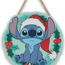 Disney Lilo and Stitch Santa Hat Hanging Wood Wall Decor - Cute Stitch Christmas Wreath Sign for Holiday Decor (Blue)