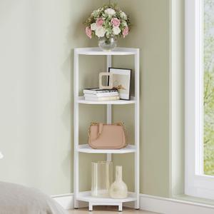 Corner Shelf Stand, Corner Bookshelf, Storage Standing Shelf Unit with Metal Frame, Plant Stand, Bookcase for Living Room, Home Office, Bedroom, 4-Tier White CS05813W
