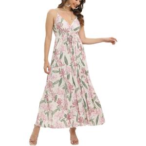 OSTOO Women's Floral Print Maxi Dresses Sleeveless Sleeves Boho Empire Waist Dress (Apricot C)