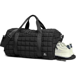 FODOKO Quilted Duffel Bag for Women, Puffer Gym Duffle with Shoe Compartment, Lightweight Large Crossbody Sport Bag Travel Tote, Black