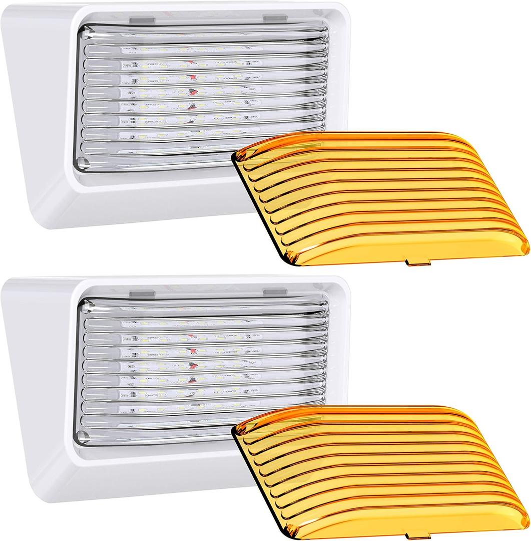 Leisure LED RV Exterior Porch Utility Light - 12v 280 Lumen Lighting Fixture. Replacement Lighting for RVs, Trailers, Campers, 5th Wheels. White Base, Clear and Amber Lens Included (White, 2-Pack)