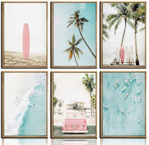 6Pcs Summer Beachy Wall Art, coastal Surfing Poster Prints, Boho Tropical Palm Tree Canvas, 12x16 Unframed, for Girls Bedroom Dorm Apartment Home Decor