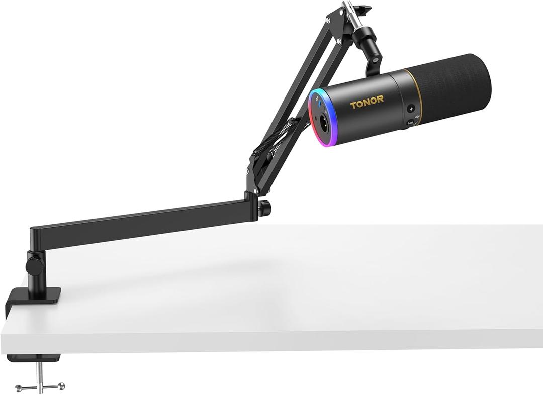 TONOR Dynamic Microphone, XLR/USB Microphone for Gaming, Streaming, XLR Cardioid Studio Mic with Quick Mute, Headphone Jack, Volume Control, Mic with RGB Lighting and Low Profile Boom Arm, TD520s+ (Black)