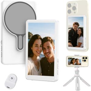 Selfie Monitor Screen for iPhone 17 Series & Android,Magnetic Phone Vlog Selfie Screen with 1800mAh Battery&Bluetooth Remote,Wireless Back Camera Monitor Screen for Live Streaming/TikTok(White)
