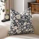 VAKADO Farmhouse Block Print Throw Pillow Covers 18X18 Set of 1 Vintage Outdoor Decorative Floral Cute Print Flower Soft Home Decor for Bedroom Sofa Chair Porch, Black