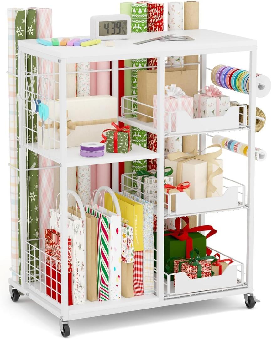 Wrapping Paper Organizer Storage with Wheels, Rolling Gift Wrap Cart with Ribbon and Gift Bag Storage, Craft Organization with 20 Roll Holders and 3 Drawers, White, 11.8"D x 25.6"W x 31.1"H