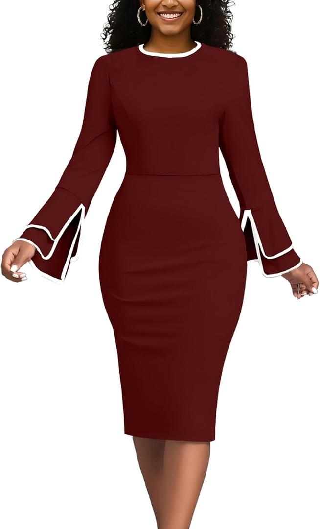 Church Dress for Women Flared Sleeve Midi Pencil Dress Elegant Teacher Office Business Wear to Work Dresses (Large) Church Dress for Women Flared Sleeve Midi Pencil Dress Elegant Teacher Office Business Wear to Work Dresses (Large)