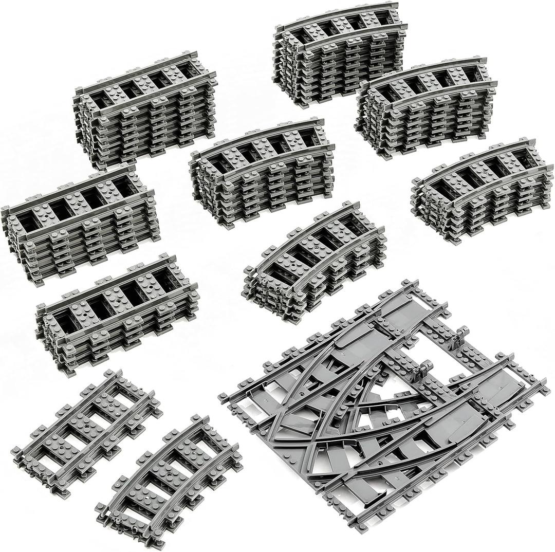 Classic City Train Tracks, 54 Pieces Railroad Track with 32 Curved, 20 Straight and 2 Switch Train Tracks, Train Expansion Accessories Compatible with All Major Train Tracks