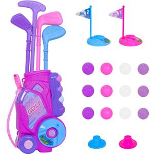 Nattork Toddler Golf Set for Boys Girls Aged 1 2 3 Years Old, Upgraded Kids Golf Cart with 4 Clubs & 12 Balls, Outdoor Indoor Sports Toy Birthday Gift, Rose