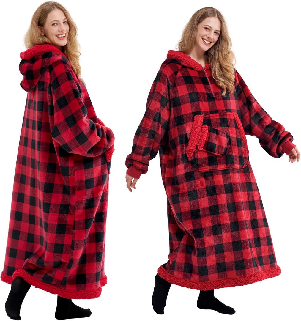 Giggling Getup Wearable Blanket Hoodie for Women Men Gifts for Women Sherpa Fleece Long Hooded Blanket Sweatshirt Cozy Sherpa Wearable Throw with Pocket Sleeves for Adult Standard Red and Black Plaid