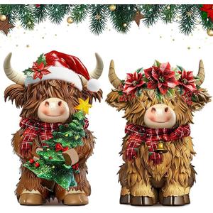 2 Pack Christmas Highland Cow Decor Resin Highland Cow Figurine Christmas Cows Gnomes with Santa's Hat Scarf Resin Statue for Garden Table Shelf Home Decor Calf Gnome Herd Gifts