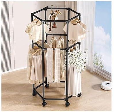 Clothes Rack, Hexagonal Rotating Clothes Rack Home Plastic Clothes Drying Rack Movable Balcony Bedroom Clothing Storage Rack with Pulleys(Preto,40x80x178cm)
