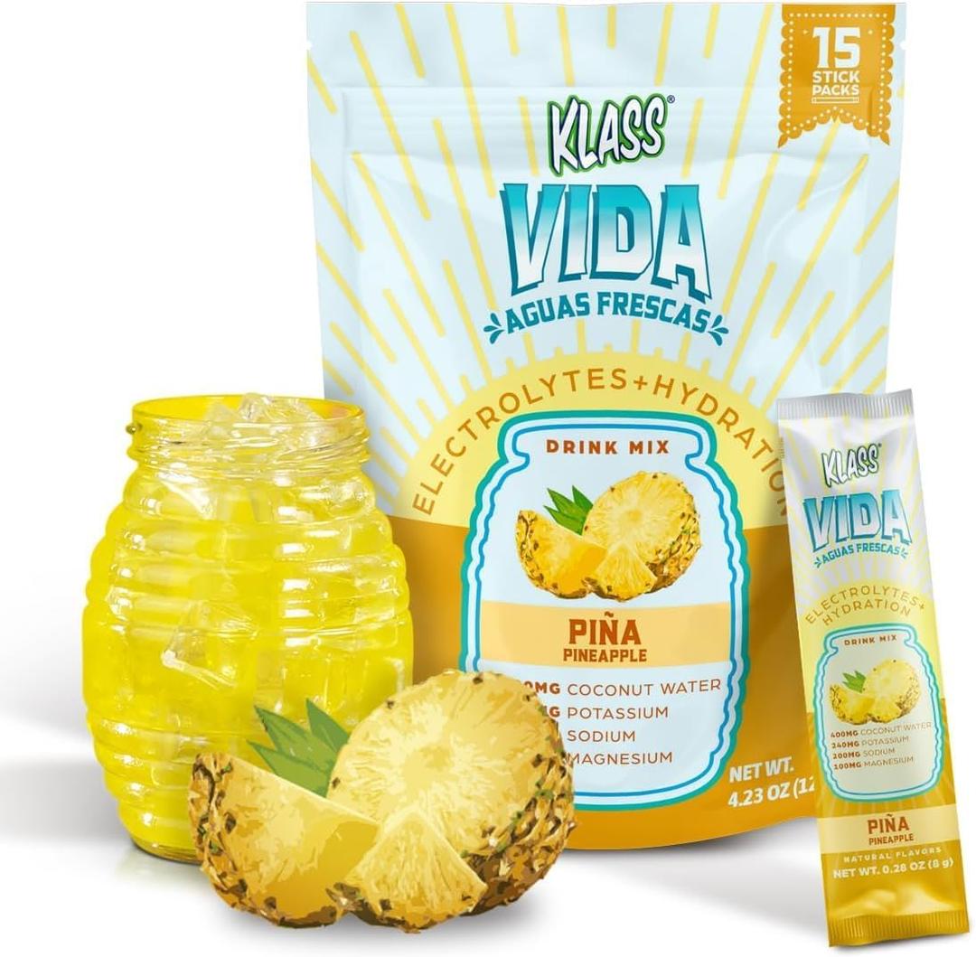 KLASS VIDA Daily Hydration Pineapple Agua Fresca Electrolyte Powder Packets | Sugar Free Electrolyte Drink Mix | Hydration Packets with Coconut Water & Minerals | 15 Stick Packs (EXP 04/07/27)