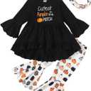 Noubeau Toddler Baby Girls Halloween Outfits Letter Print Flare Sleeve Dress Shirt Cute Pumpkin Bell-Bottoms Pants Scarf (12-18 Months, Black)