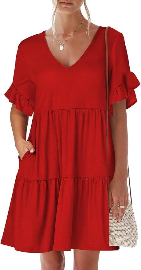 ANRABESS Womens 2024 Trendy Dress Summer Beach V Neck Ruffle Short Sleeve Tiered Babydoll Loose A Line Mini Short Dresses with Pockets Spring Fashion Cute Casual Travel Oufits A747 meihong L Rose
