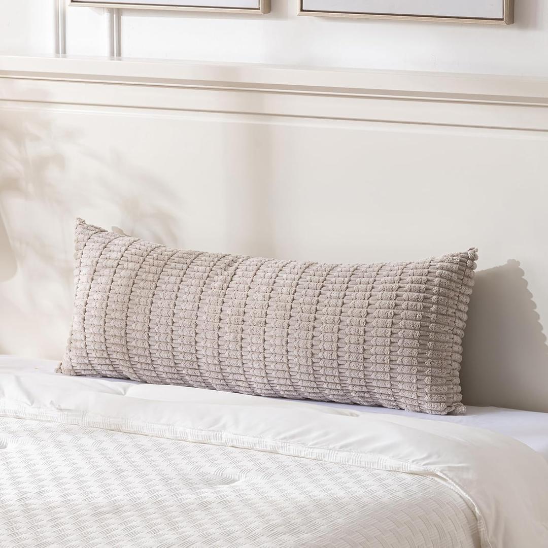 Fancy Homi Taupe Long Lumbar Decorative Throw Pillow Covers 14x36 Inch for Bed Couch Bed Sofa, Rustic Farmhouse Boho Room Decor, Soft Striped Corduroy Rectangle Cushion Case 35x91 cm