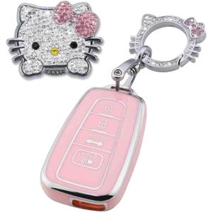Pangpai Pink Car Accessories 3 Pcs for 2018-2022 Toyota Camry RAV4 Highlander Avalon C-HR Prius Corolla GT86 Key Fob Cover with Bling Keychain Cute Push to Start Button Cover