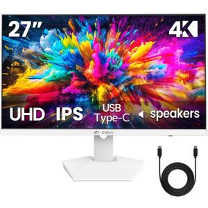 CRUA 27" 4K White Monitor, UHD(3840x2160P) IPS Panel, 60Hz Computer Monitor, Supports AMD Freesync, USB Type-C, 120% sRGB, Built-in Speakers, Wall Mountable, for Work, Streaming, and Home Office