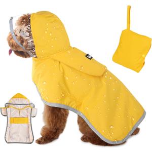 SlowTon Dog Raincoat, Adjustable Dog Rain Jacket Clear Hooded Double Layer, Waterproof Poncho with Reflective Strip Straps and Storage Pocket for Dogs(XS) (Yellow)