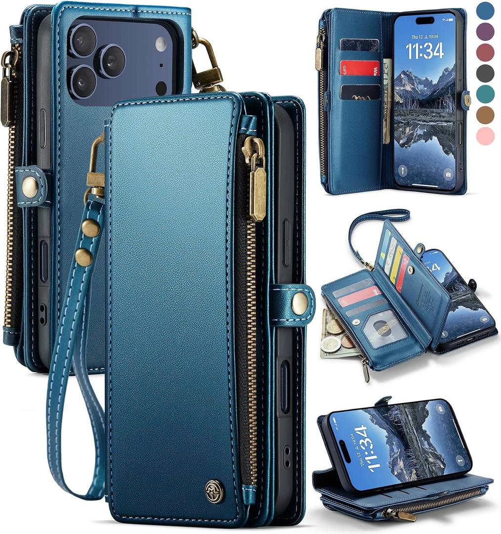 Defencase Compatible with iPhone 17 Pro Case Wallet with RFID Blocking Card Holder for Women Men, Fashion PU Leather Magnetic Snap Flip Zipper Strap Wallet Phone Case for iPhone 17 Pro 6.3", Dark Blue