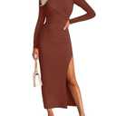 MIROL Women's 2025 Fall Long Sleeve Maxi Dress Mock Neck Side Slit Ruched Business Casual Wedding Guest Cocktail Dresses, Rust, Large