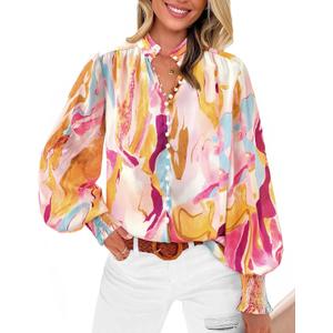 BTFBM Spring Fashion 2025 Button Down Long Sleeve Blouses for Women Dressy Casual V Neck Loose Printed Boho Tops Shirts (Small, Orange Pink)