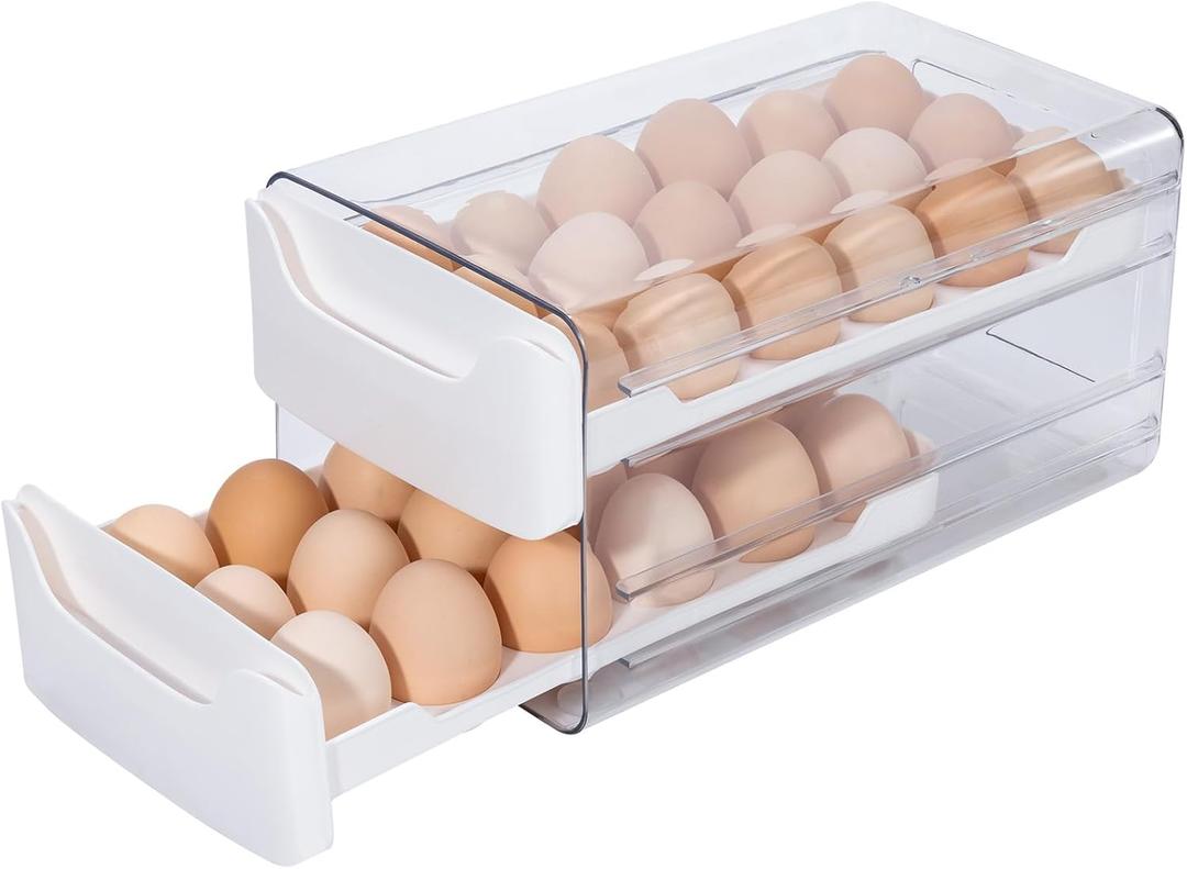 Egg Storage for Refrigerator, Egg Holder for Kitchen Countertop, PET & PP Egg Container for Fridge, Egg Dispenser for 36 Eggs, Double Layer, 18 Eggs per Layer (White)