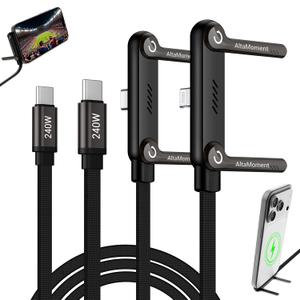 Invisible Holder Charger Cable, 240W PD Fast Charging Cable for Desk, USB-C to USB-C & USB to Light-ning Cable 4.9 FT with 360 Adjustable Metal Stand, 2 in 1 Holder Charger for Gaming, Office, Home