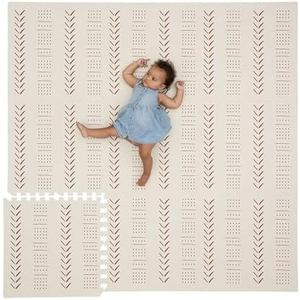 CHILDLIKE BEHAVIOR XXL Baby Play Mats, 72”x72” Puzzle with 9 Foam Tiles, Crawling Mat with Interlocking Tiles, 24”x24” Puzzle Mat Pieces, Neutral Playmat for Toddlers & Infants Play Pen - Beige