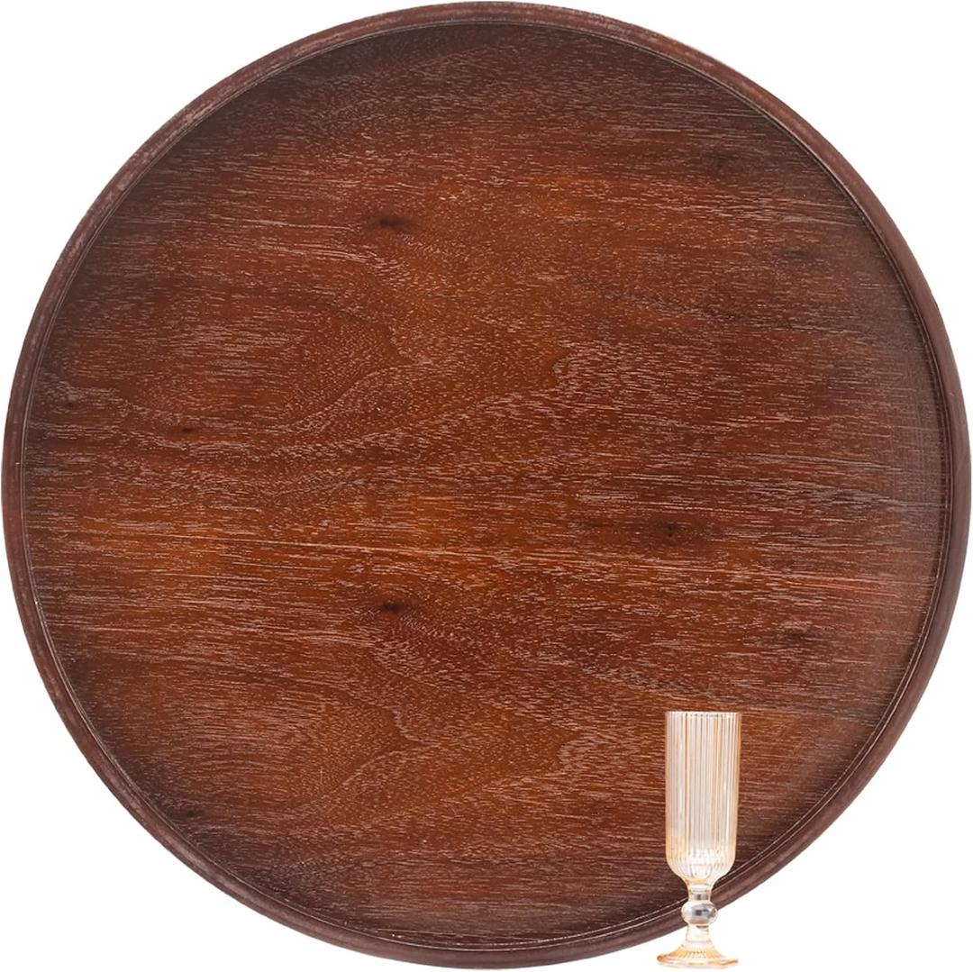 Extra Large Round Solid Wood Serving Tray, Classic Tea Coffee Table Wooden Decorative Ottoman Tray Server for Breakfast in Bed Snack Food Kitchen Party Bar, Raised Edge (27.6inch/70cm) Walnut